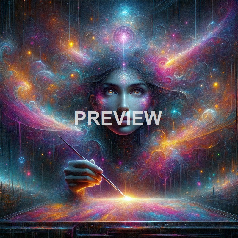 A surreal digital artwork depicting a woman with a cosmic, galaxy-themed aura around her head, holding a stylus and creating a glowing design on a surface, with swirling patterns of stars and nebulae.